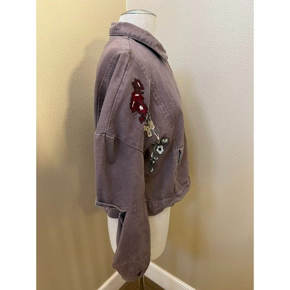 POL Women's Jacket Denim Floral Embroidered Snap Button Purple Size Medium - Picture 3 of 4